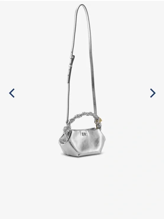 NWT GANNI Bou Mini Bag Silver Metallic Leather Top Handle Logo Bag Purse - Picture 4 of 7